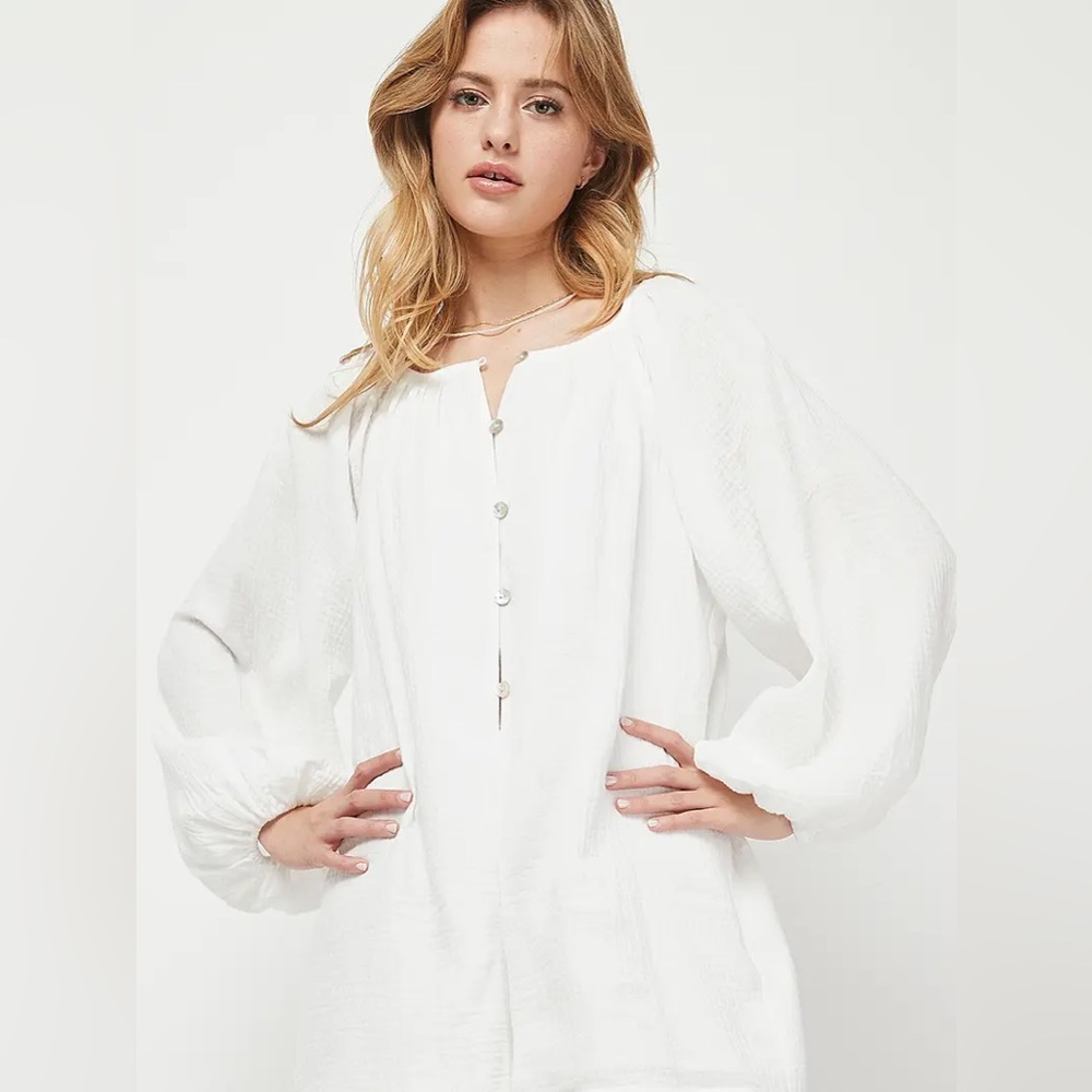 Cotton Gauze long-sleeve Button Up Romper in White